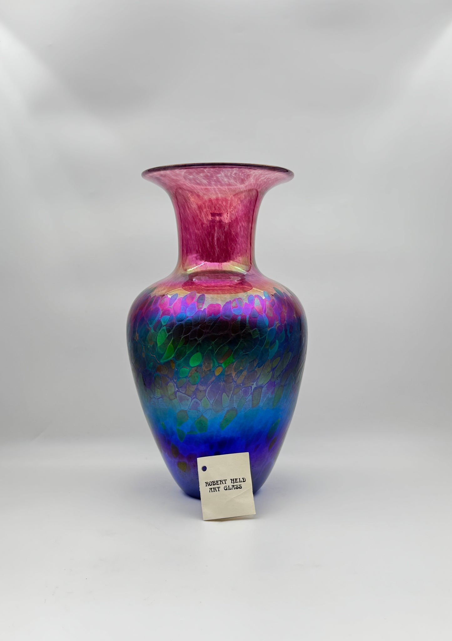 Robert Held Hand-Blown Iridescent Art Glass Vase – Blue, Green & Pink