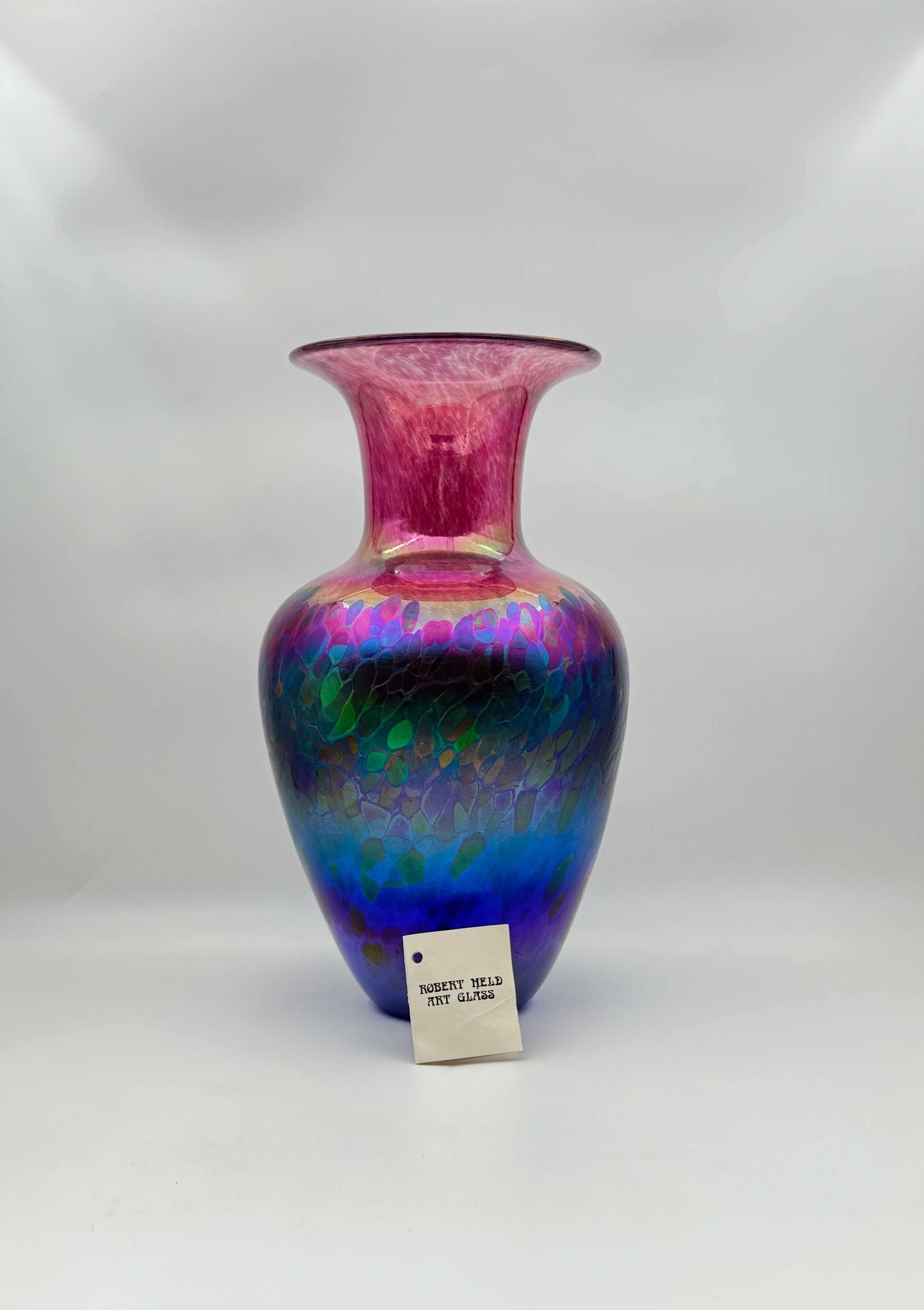 Robert Held Hand-Blown Iridescent Art Glass Vase – Blue, Green & Pink