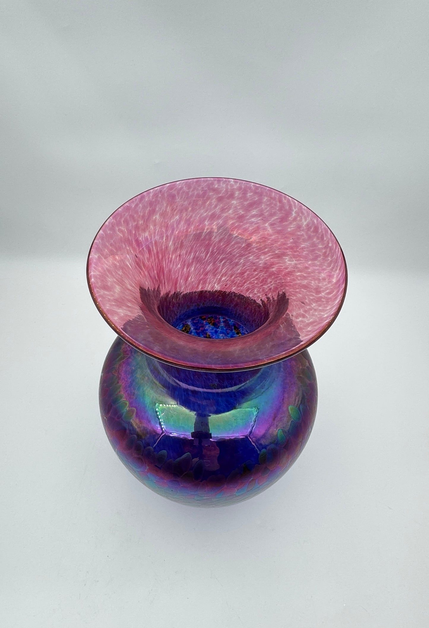Robert Held Hand-Blown Iridescent Art Glass Vase – Blue, Green & Pink
