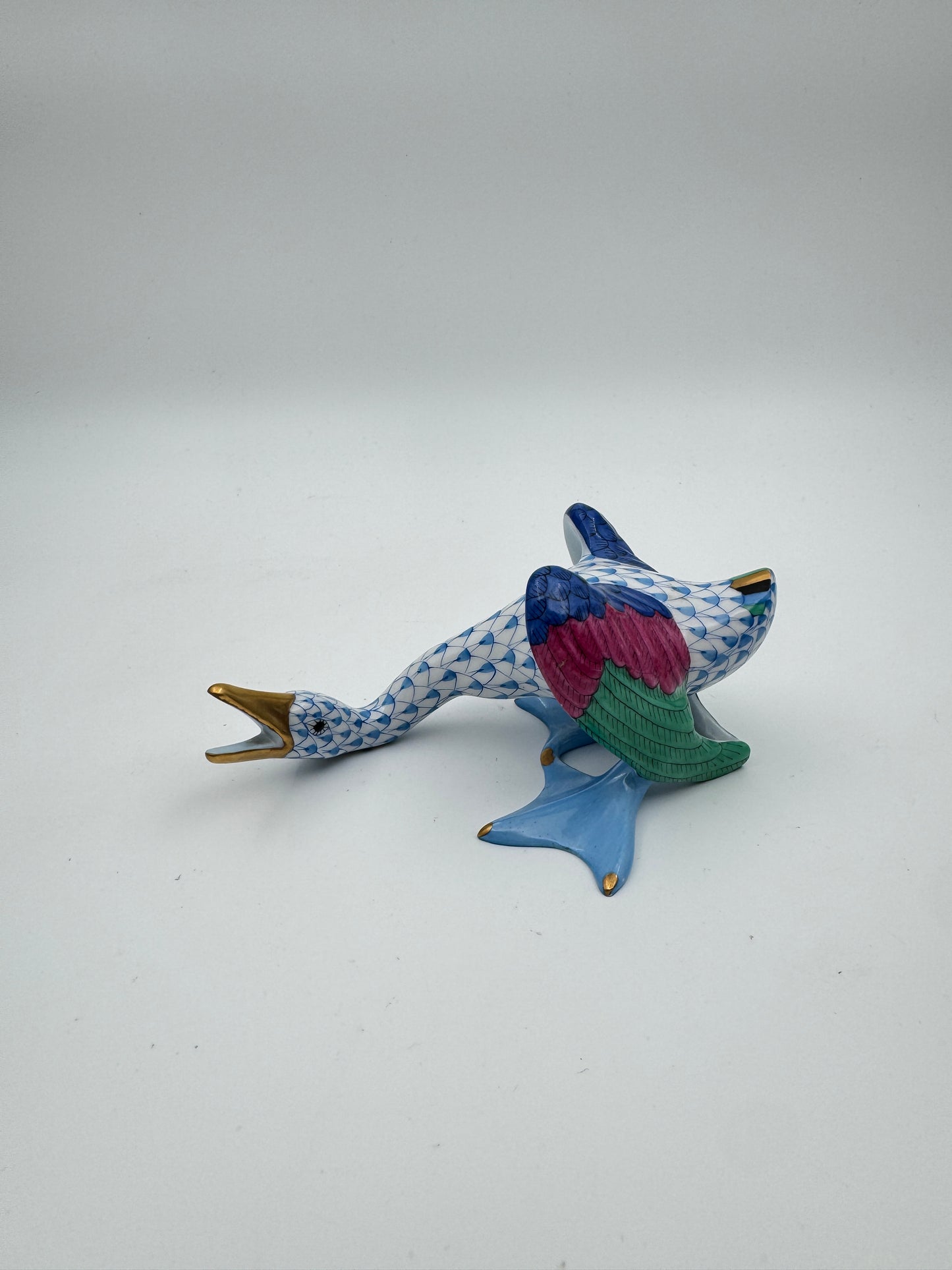 Herend Blue Fishnet Porcelain Honking Goose Figurine | Hand-Painted Collectible