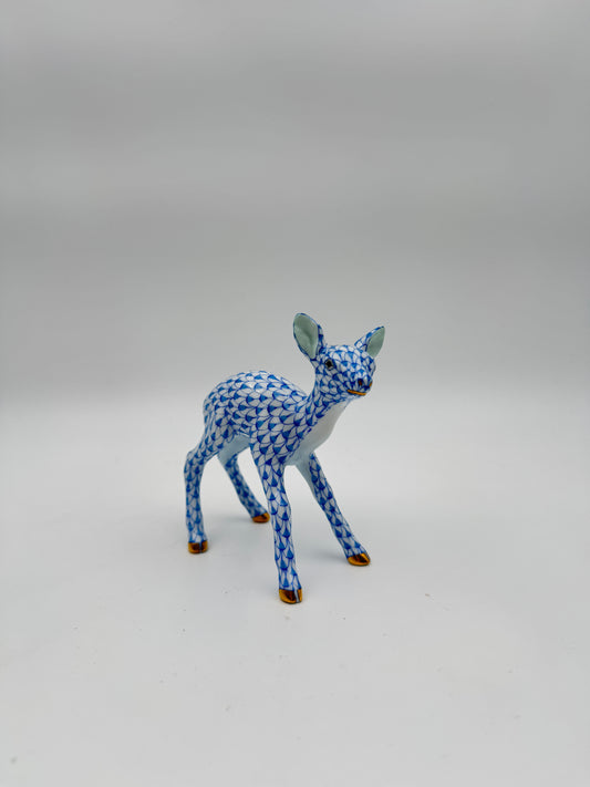 Herend Blue Fishnet Porcelain Fawn Figurine – Hand-Painted with Gilded Accents