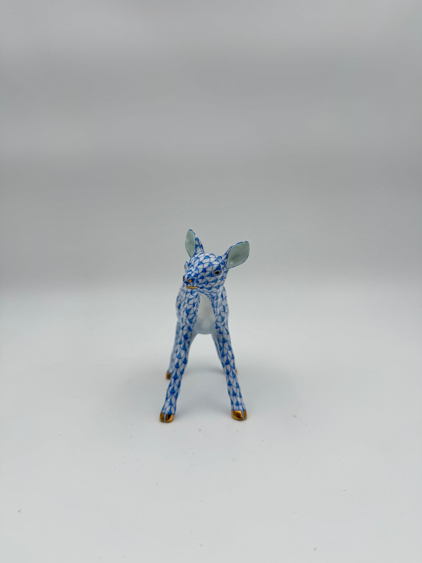 Herend Blue Fishnet Porcelain Fawn Figurine – Hand-Painted with Gilded Accents