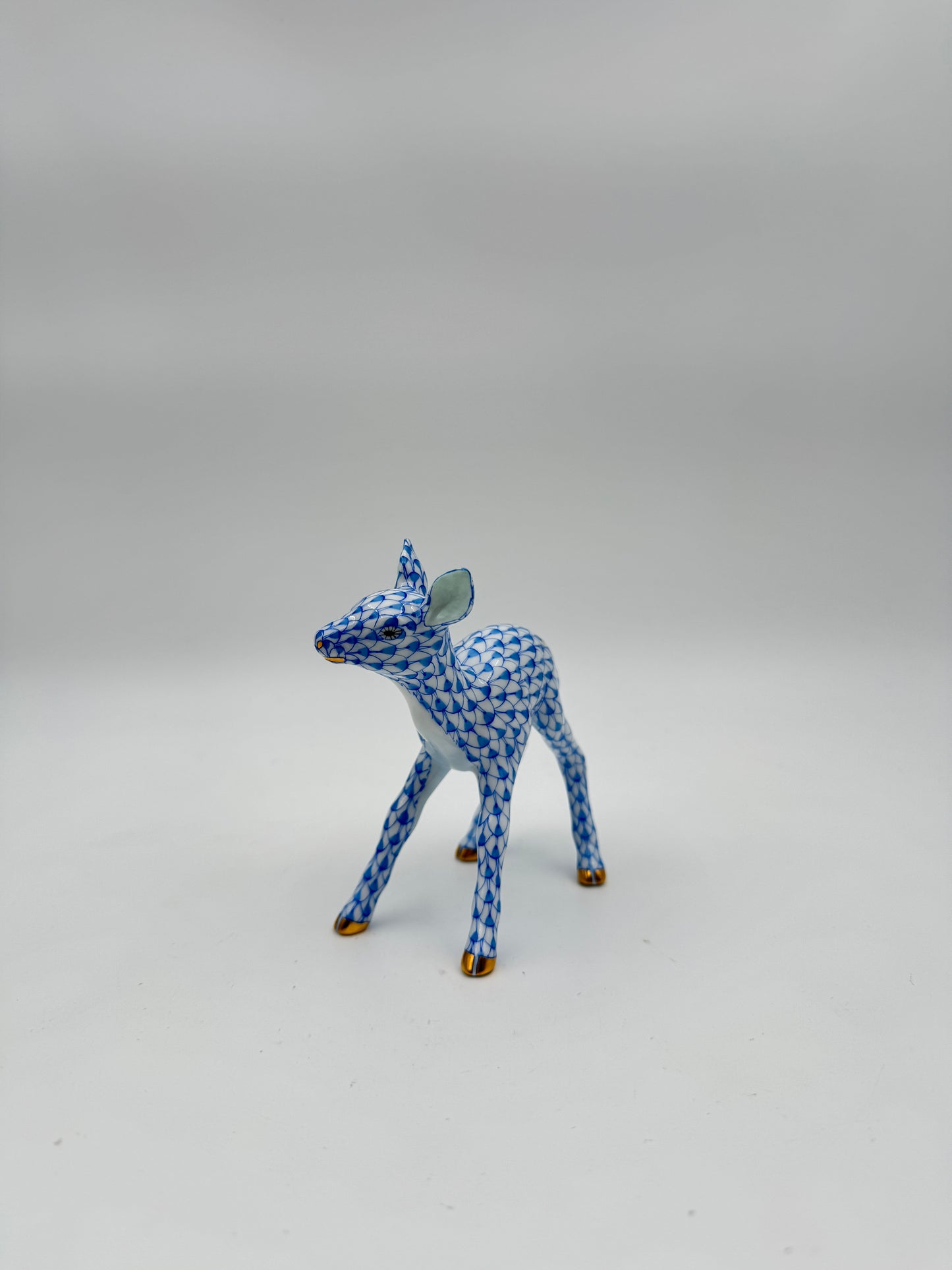 Herend Blue Fishnet Porcelain Fawn Figurine – Hand-Painted with Gilded Accents