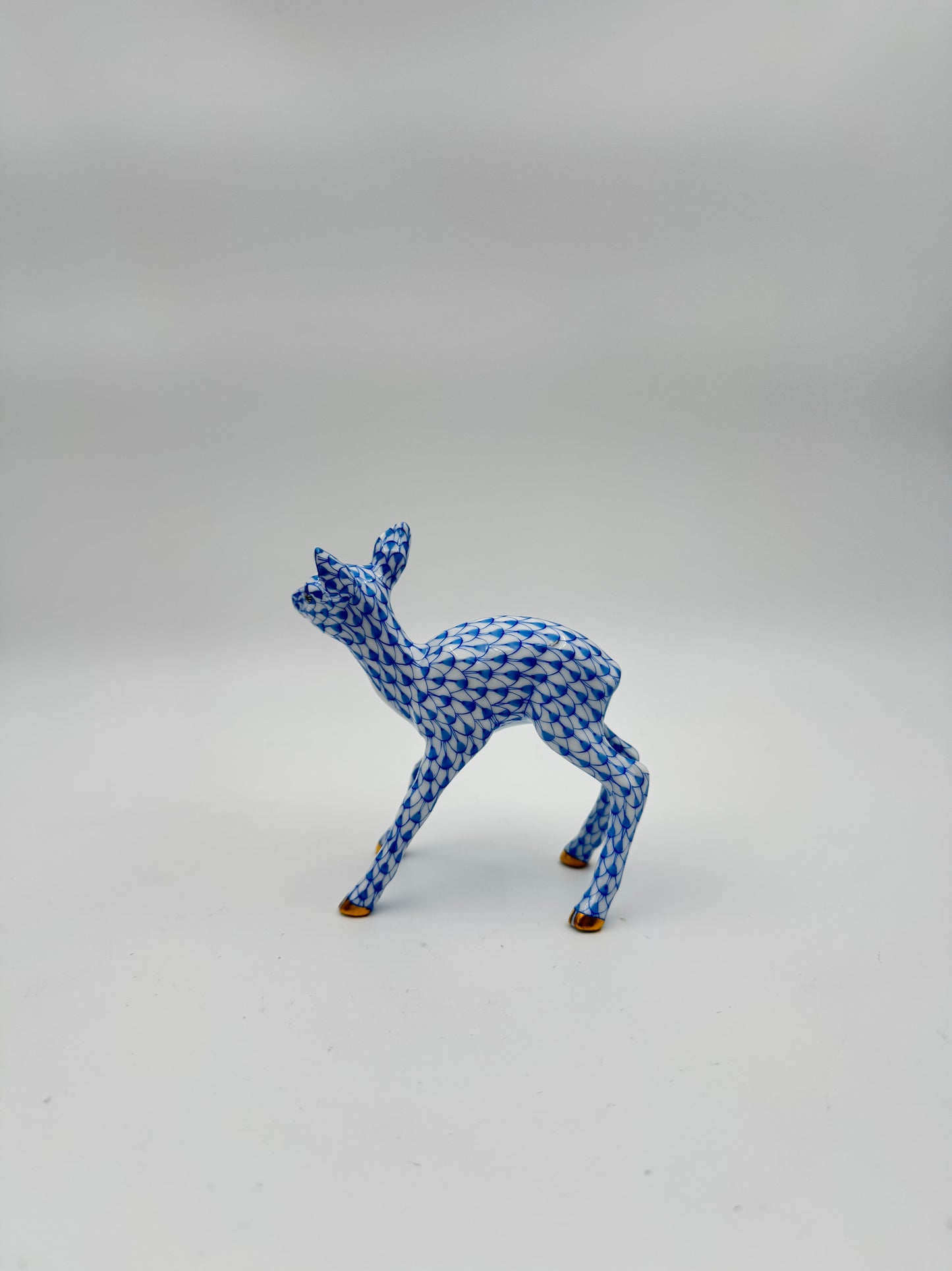 Herend Blue Fishnet Porcelain Fawn Figurine – Hand-Painted with Gilded Accents