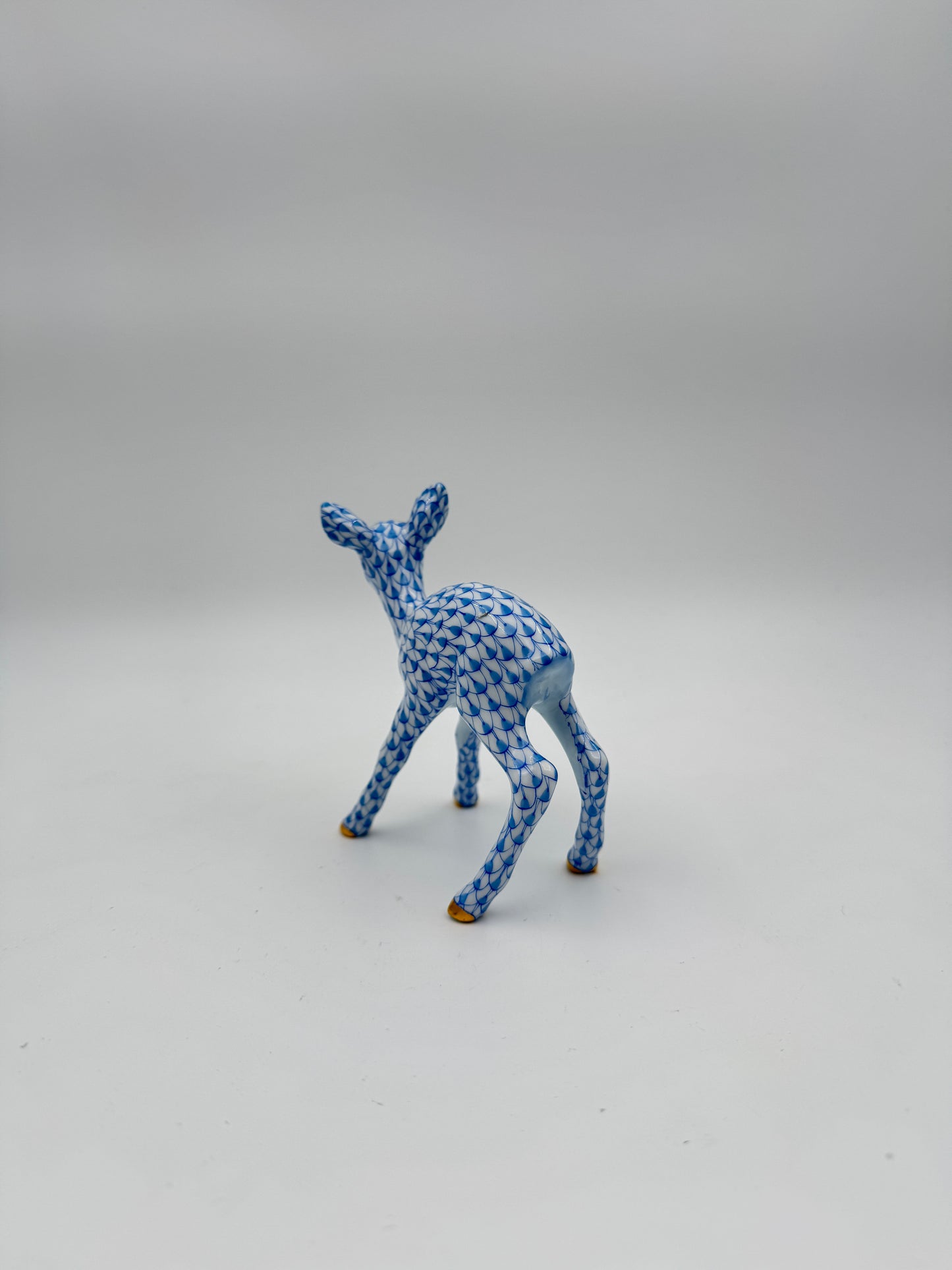 Herend Blue Fishnet Porcelain Fawn Figurine – Hand-Painted with Gilded Accents