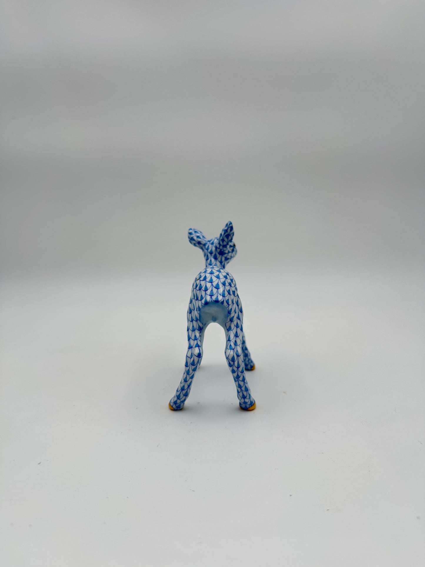 Herend Blue Fishnet Porcelain Fawn Figurine – Hand-Painted with Gilded Accents