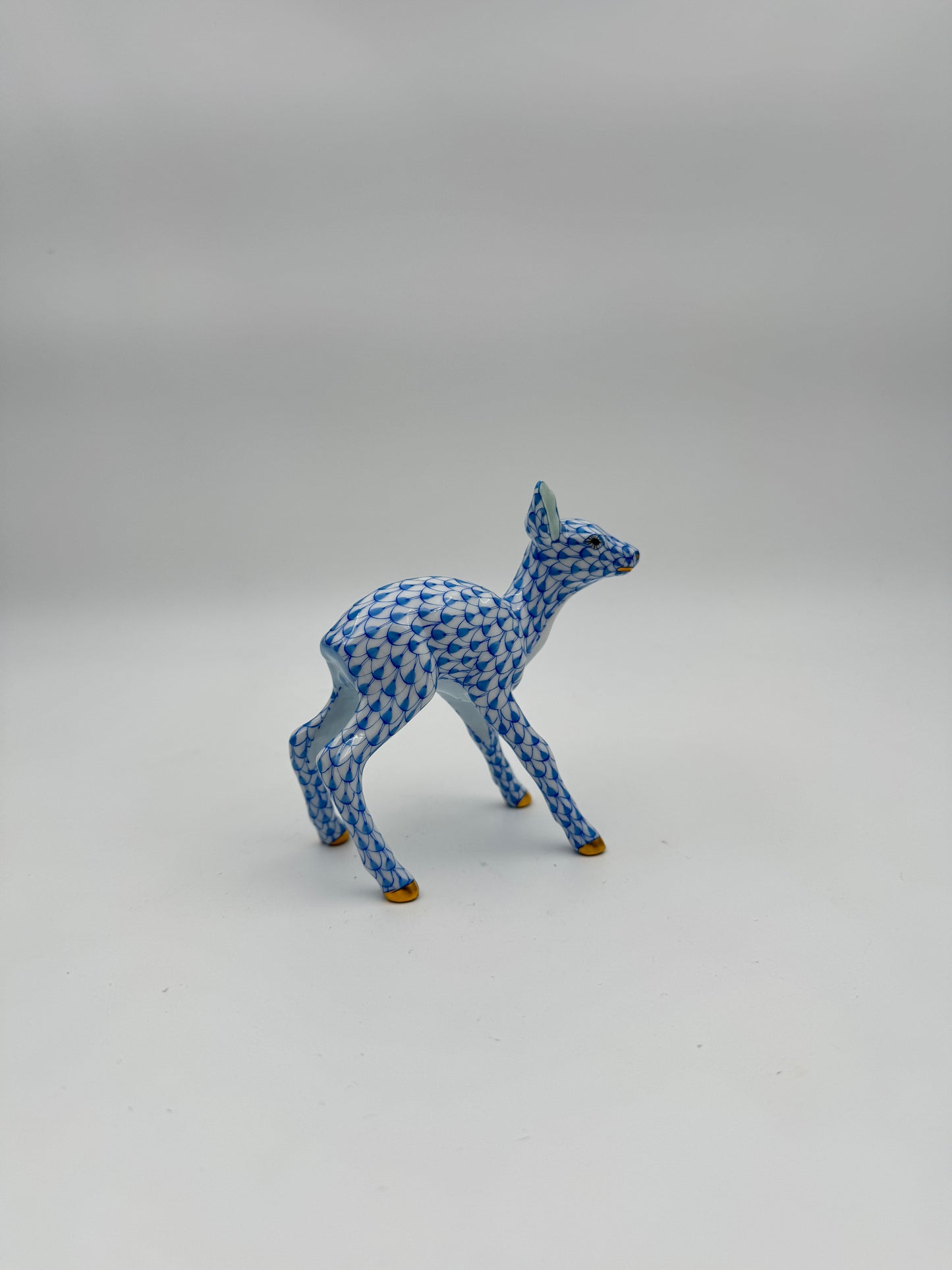 Herend Blue Fishnet Porcelain Fawn Figurine – Hand-Painted with Gilded Accents