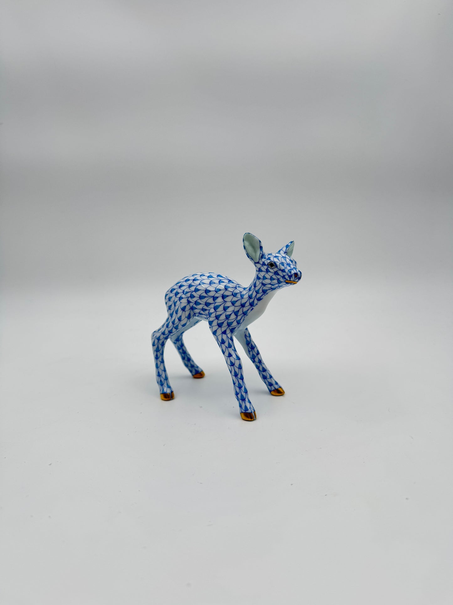 Herend Blue Fishnet Porcelain Fawn Figurine – Hand-Painted with Gilded Accents