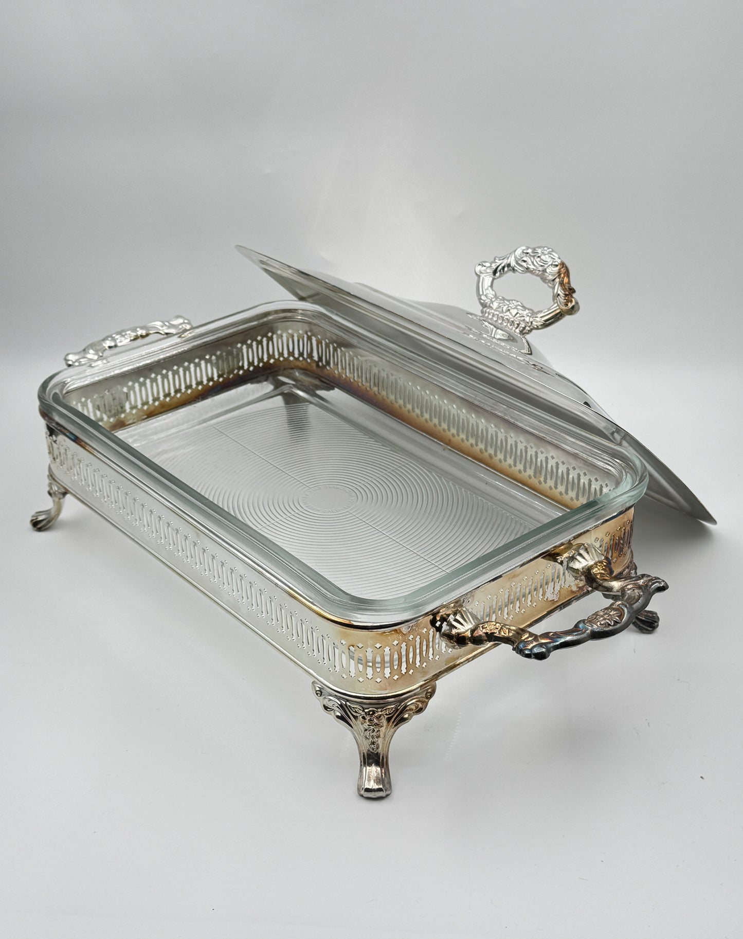 Silverplate Footed Casserole Dish with Lid & Glass Insert – Ornate Handles