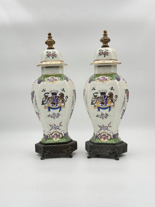 Pair of Porcelain Armorial Vases | Ornate Hand-Painted Floral & Heraldic Design