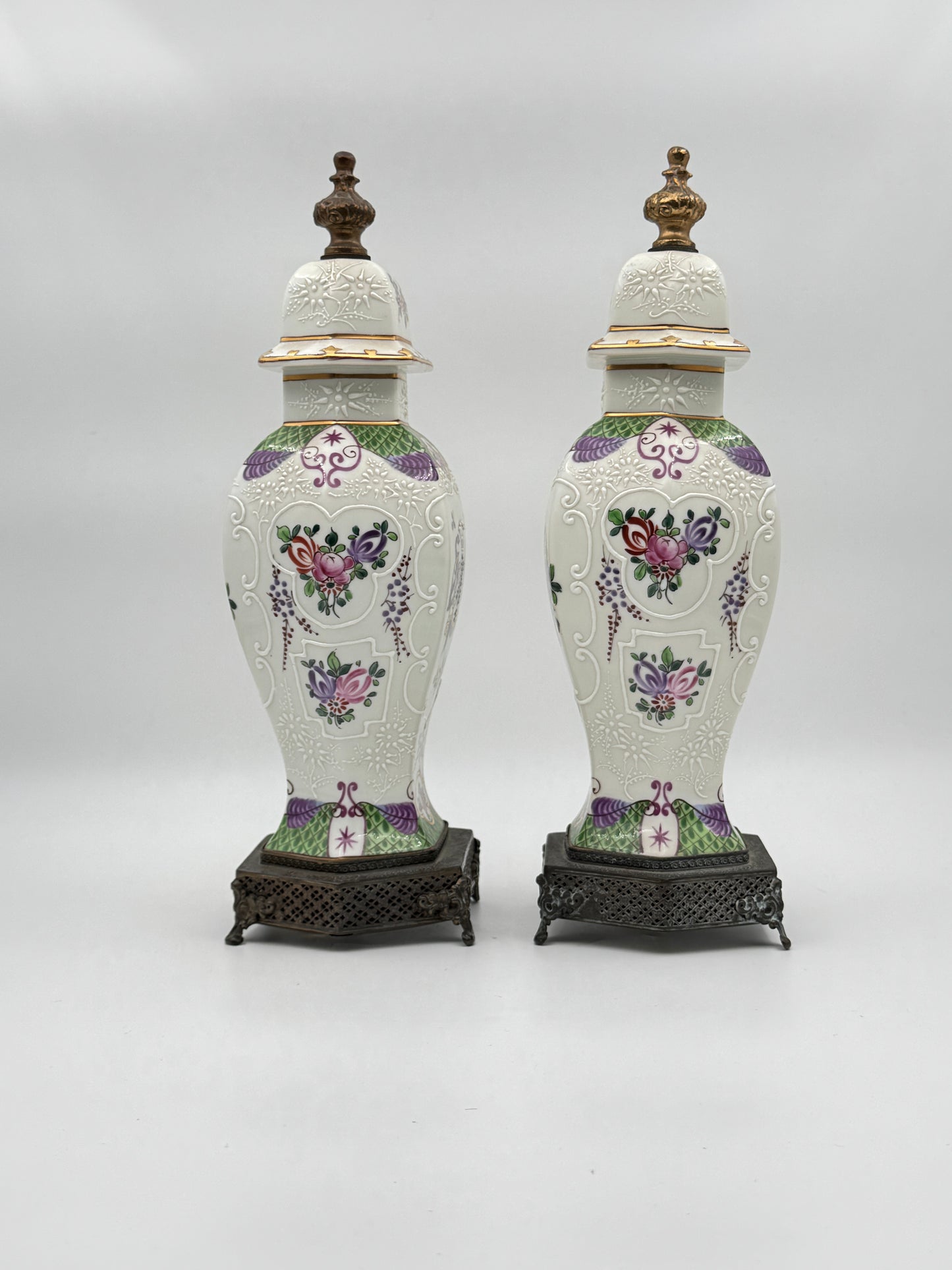 Pair of Porcelain Armorial Vases | Ornate Hand-Painted Floral & Heraldic Design