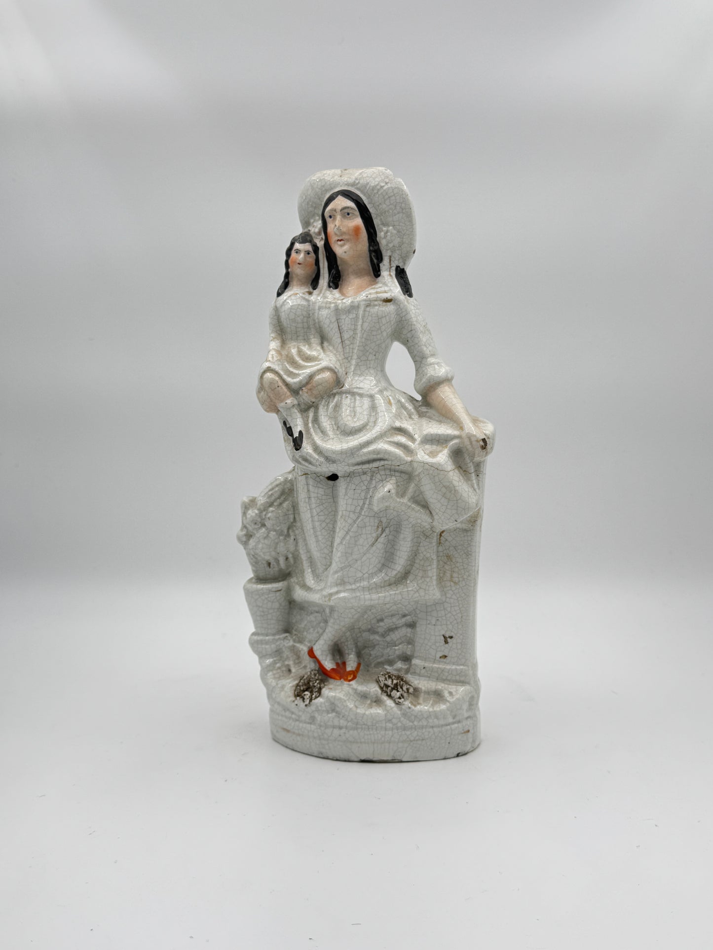 Antique Victorian Staffordshire Pottery Figurine – Woman with Child, Circa 19th Century