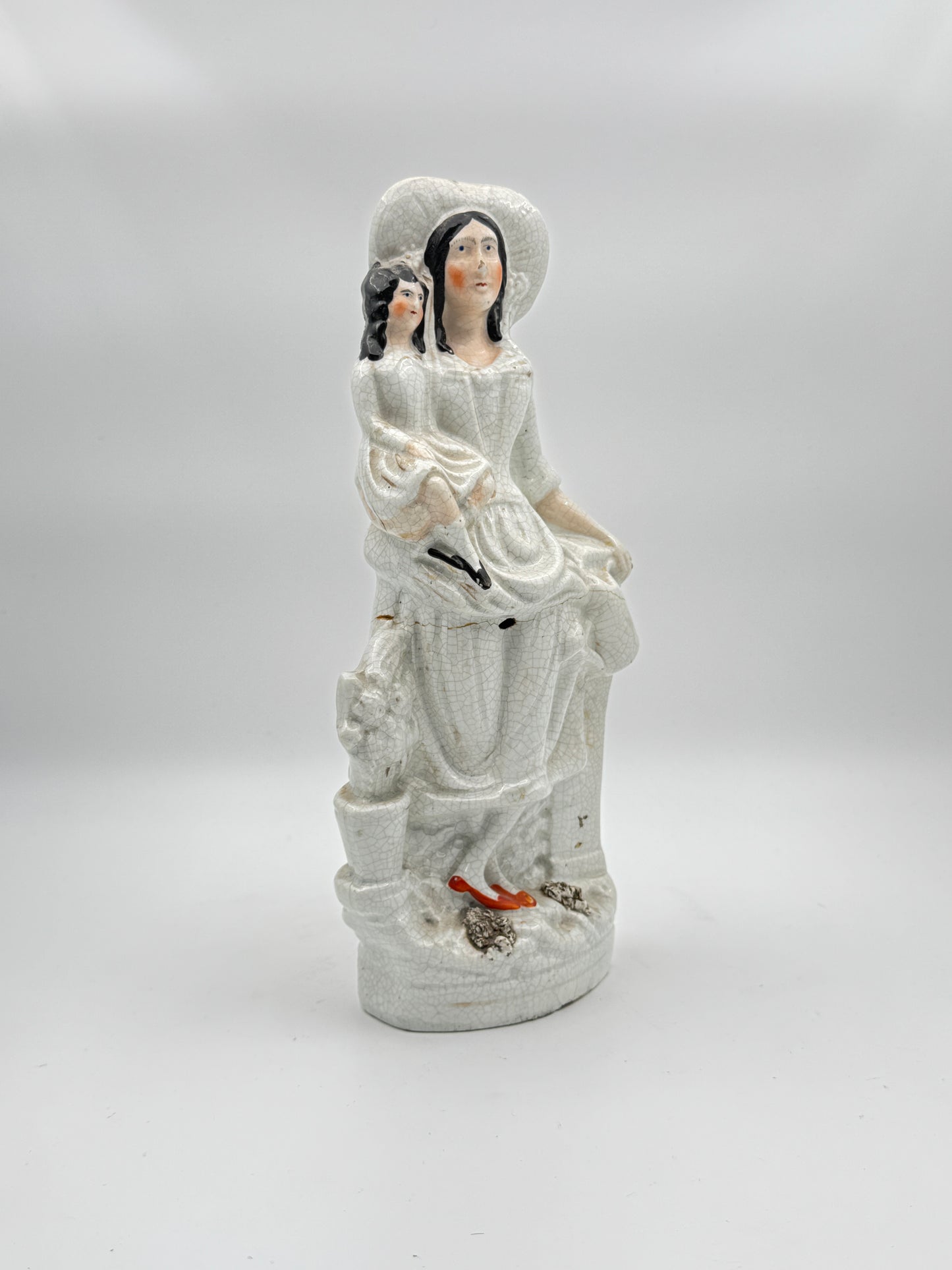 Antique Victorian Staffordshire Pottery Figurine – Woman with Child, Circa 19th Century