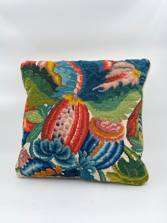 Vintage Needlepoint Tapestry Decorative Throw Pillow – Floral and Fruit Motif