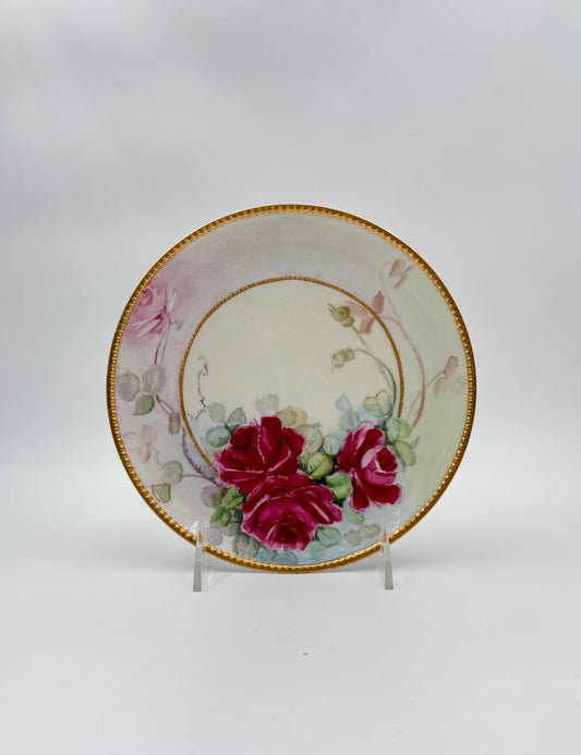 Hand-Painted Haviland France Plate – Red Roses with Gilded & Molded Rim