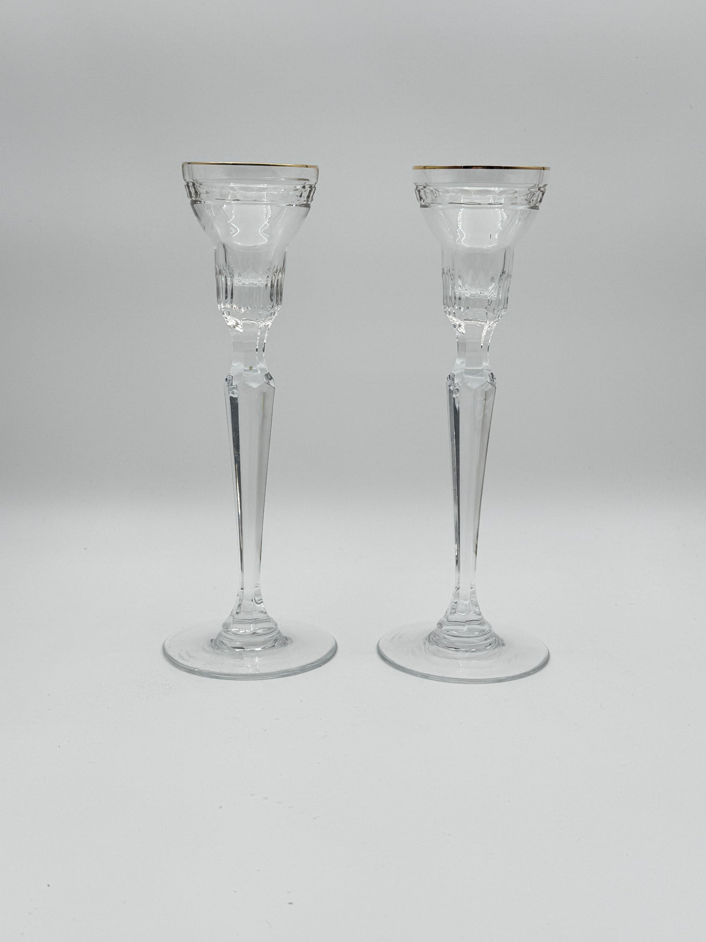 Pair of Marquis by Waterford Crystal Candlesticks - 8 Inches, Elegant Gold Rim Design