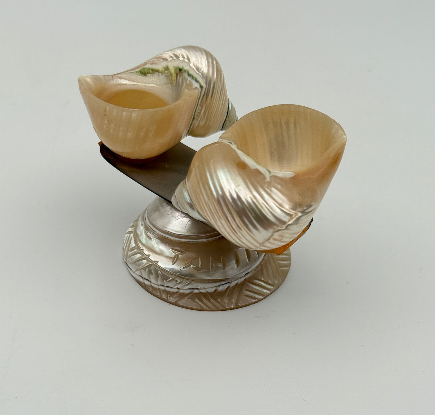 Polished Shell Salt & Pepper Set on Pedestal with Spoon
