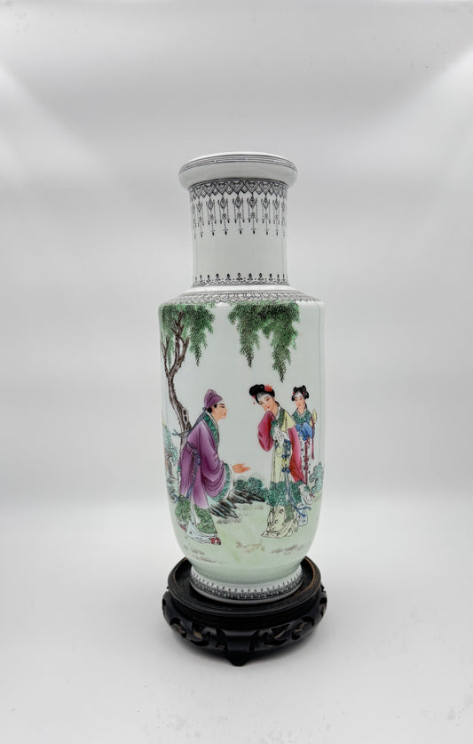 Vintage Chinese Porcelain Famille Rose Vase with Wood Stand - Hand-Painted Scenic Design