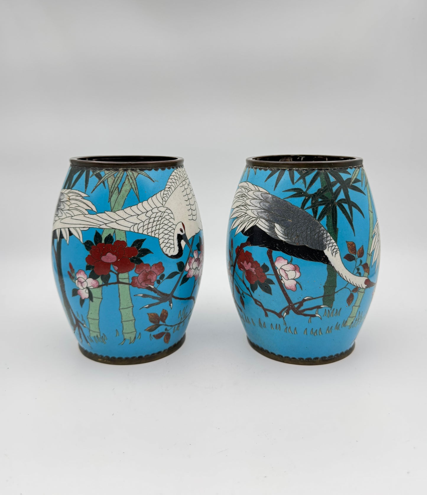 Set of Two Antique Japanese Cloisonné Vases – Handcrafted Blue Enamel with Cranes and Bamboo Design