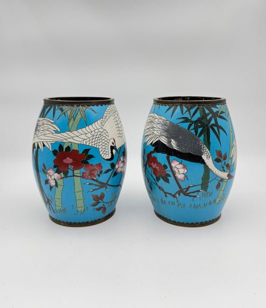 Set of Two Antique Japanese Cloisonné Vases – Handcrafted Blue Enamel with Cranes and Bamboo Design