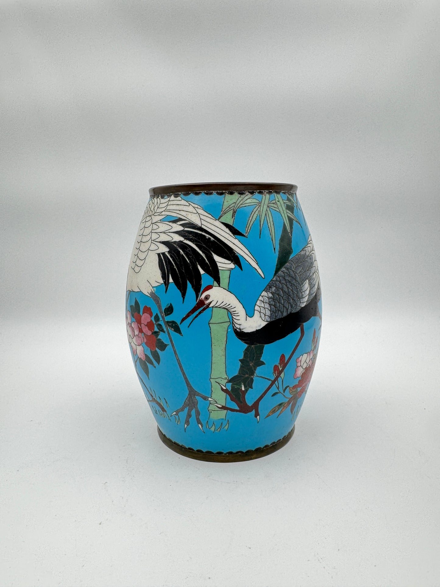 Set of Two Antique Japanese Cloisonné Vases – Handcrafted Blue Enamel with Cranes and Bamboo Design