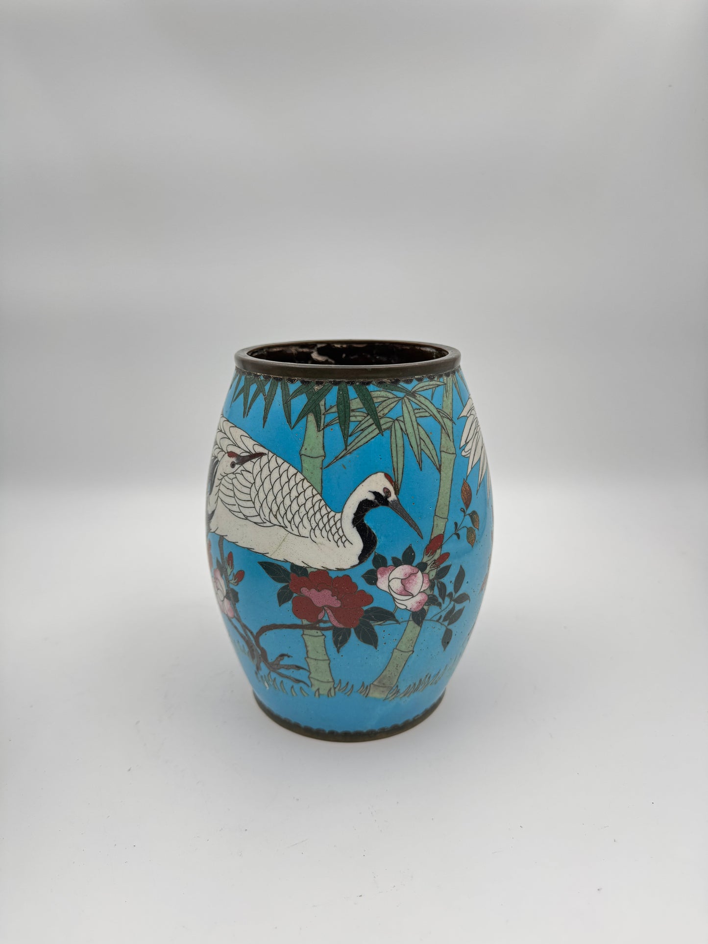 Set of Two Antique Japanese Cloisonné Vases – Handcrafted Blue Enamel with Cranes and Bamboo Design