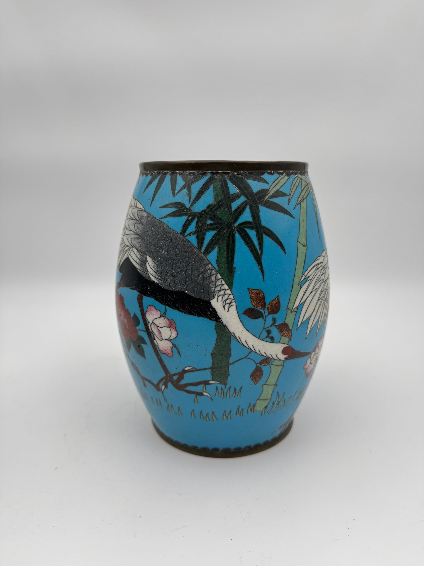 Set of Two Antique Japanese Cloisonné Vases – Handcrafted Blue Enamel with Cranes and Bamboo Design