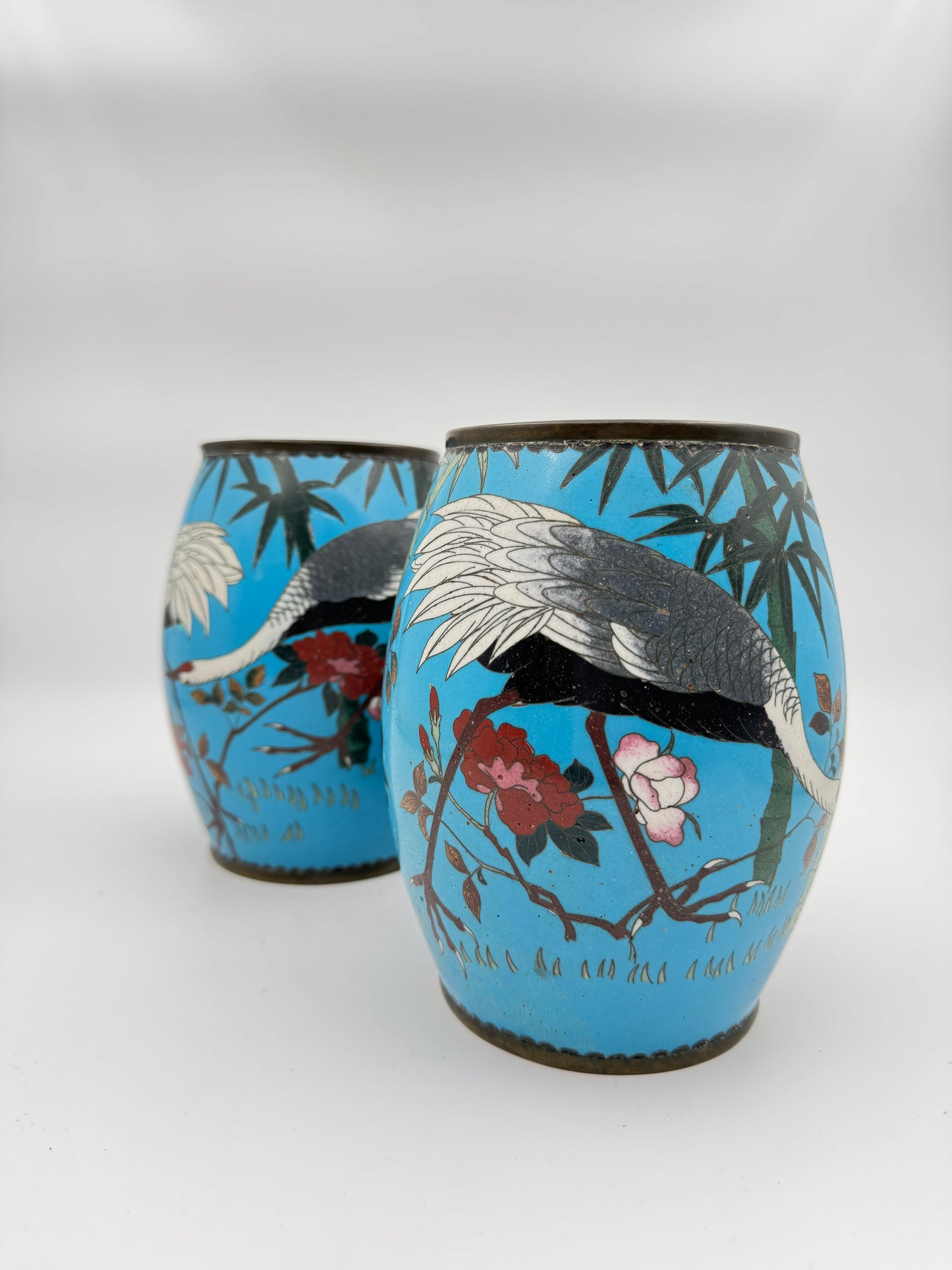 Set of Two Antique Japanese Cloisonné Vases – Handcrafted Blue Enamel with Cranes and Bamboo Design