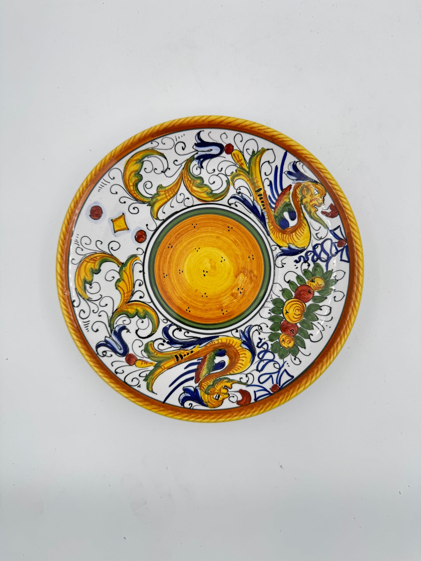 Handcrafted Deruta Ceramic Plate with Ornate Golden Dragon Motif – Made in Italy by Fratelli Mari