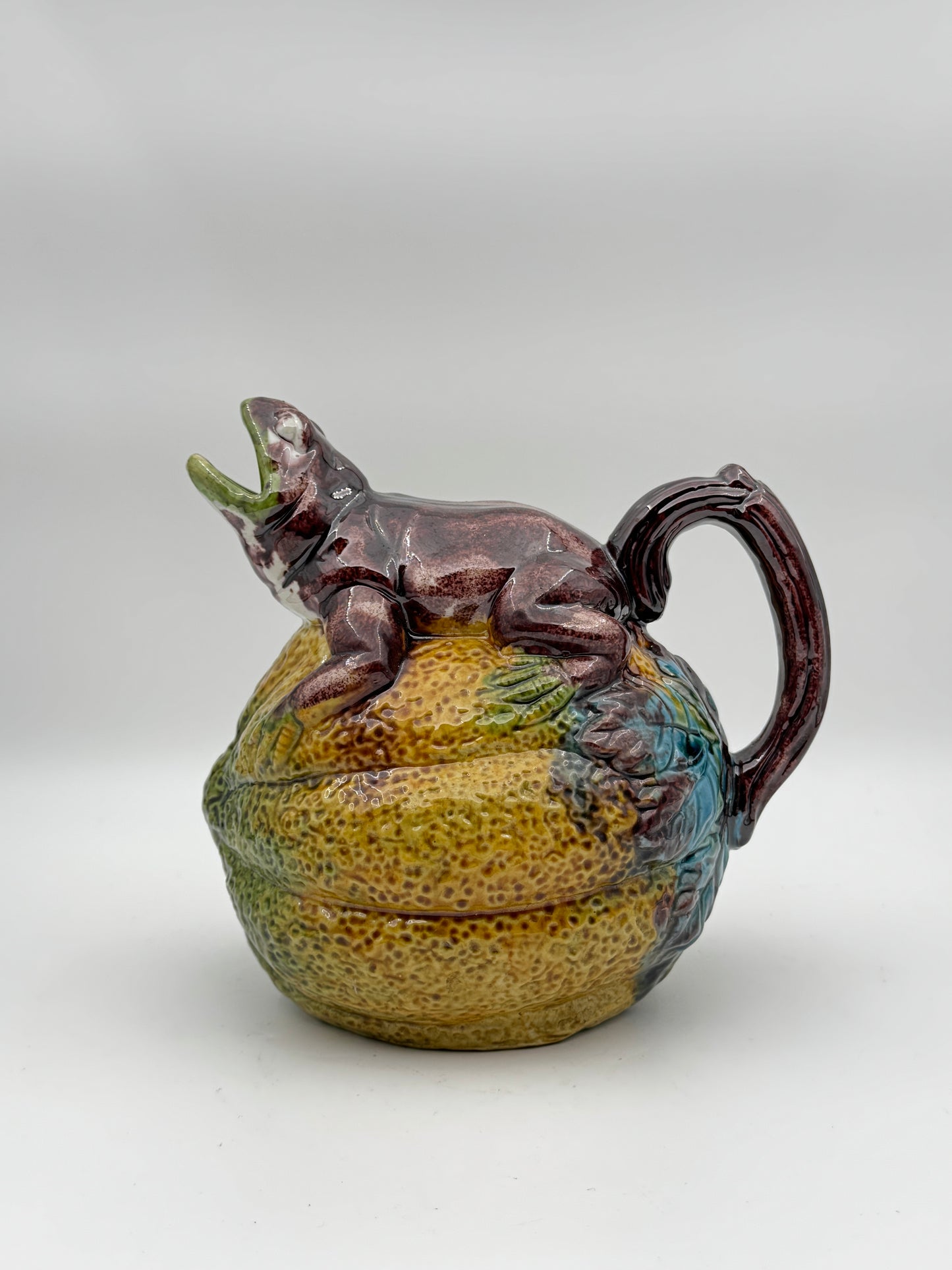 Majolica Frog on Melon Pitcher – Handcrafted Decorative Pottery for Garden or Home