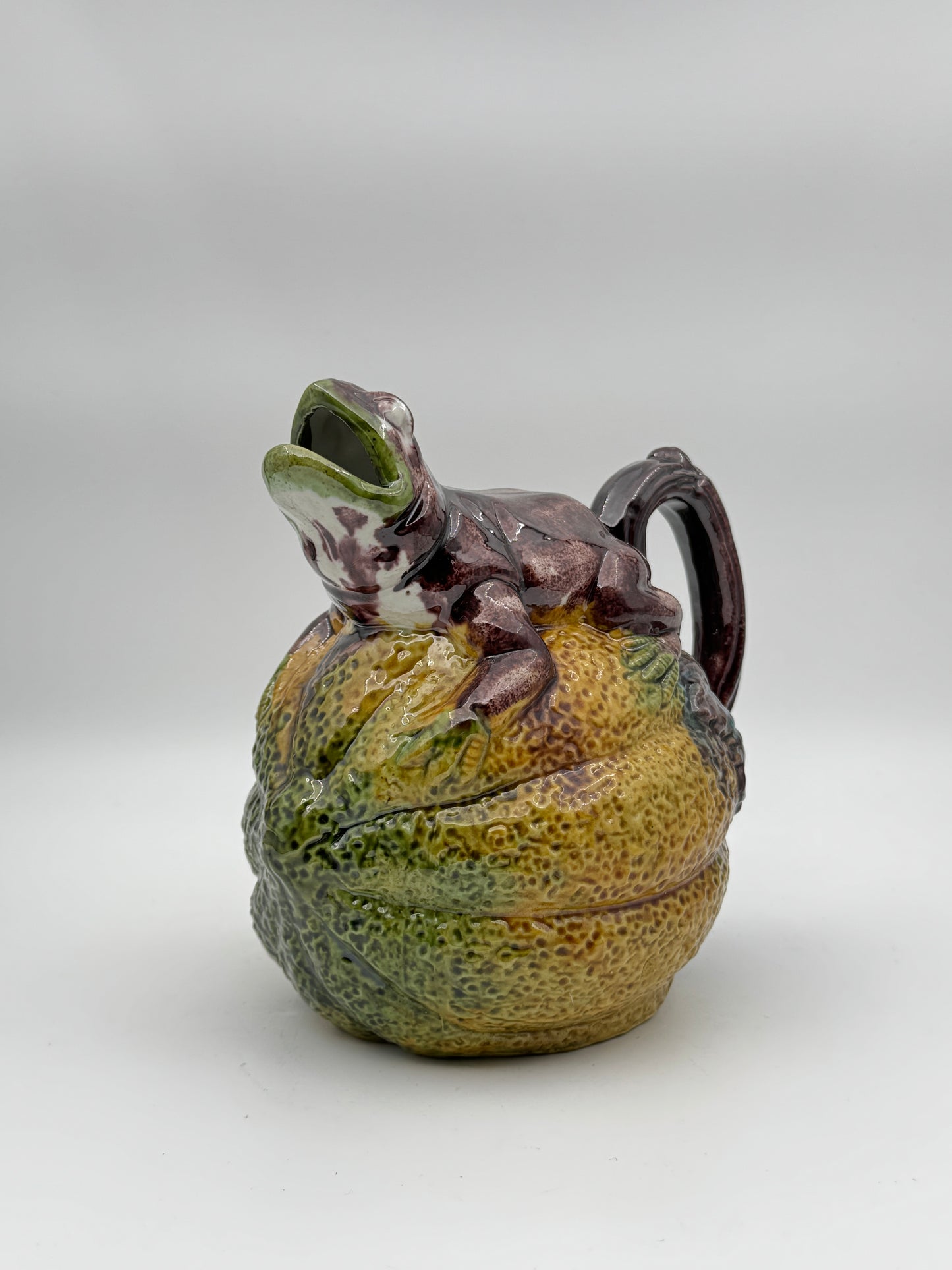 Majolica Frog on Melon Pitcher – Handcrafted Decorative Pottery for Garden or Home