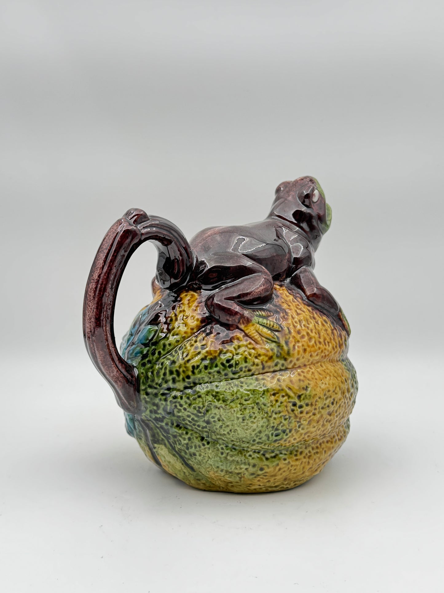 Majolica Frog on Melon Pitcher – Handcrafted Decorative Pottery for Garden or Home