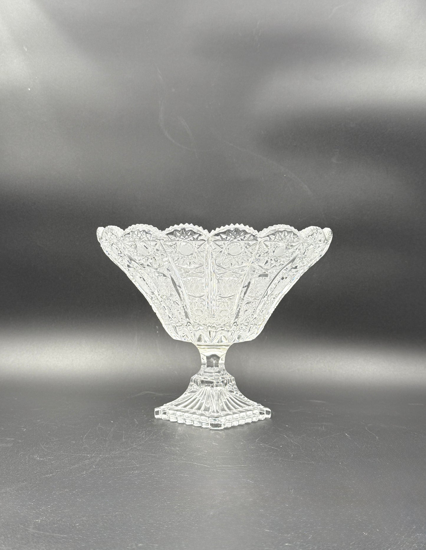 Czech Cut Glass Pedestal Bowl – Scalloped & Starburst Design