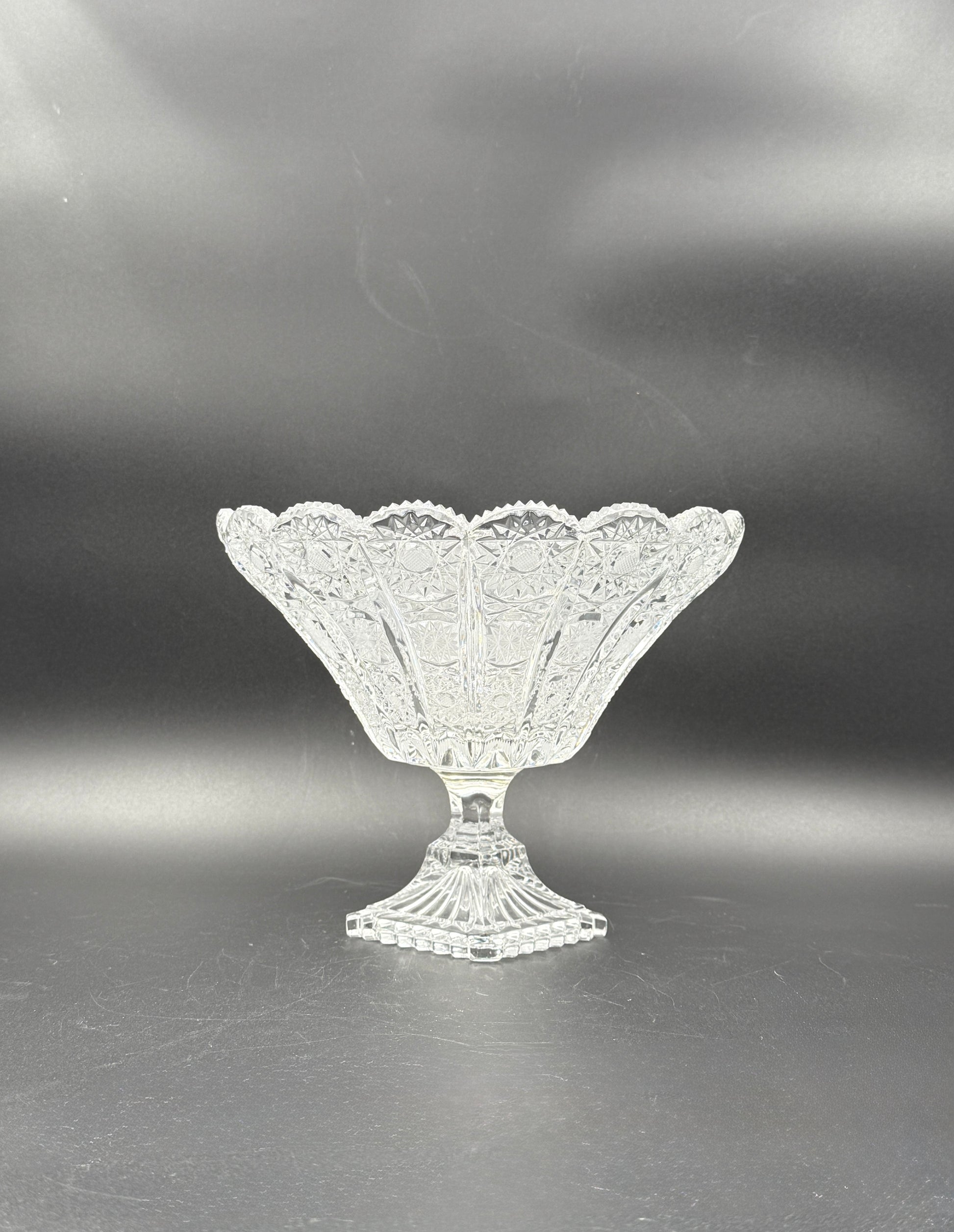 Czech Cut Glass Pedestal Bowl – Scalloped & Starburst Design