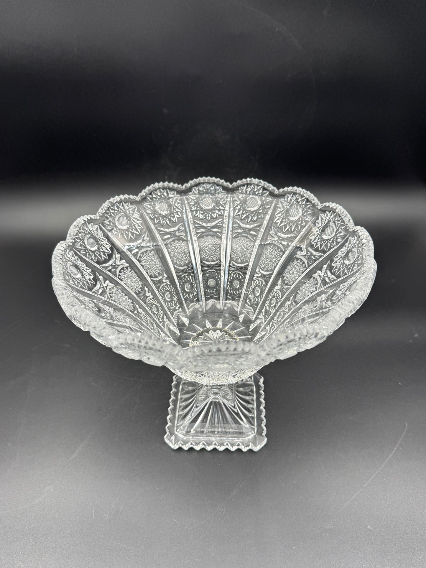 Czech Cut Glass Pedestal Bowl – Scalloped & Starburst Design
