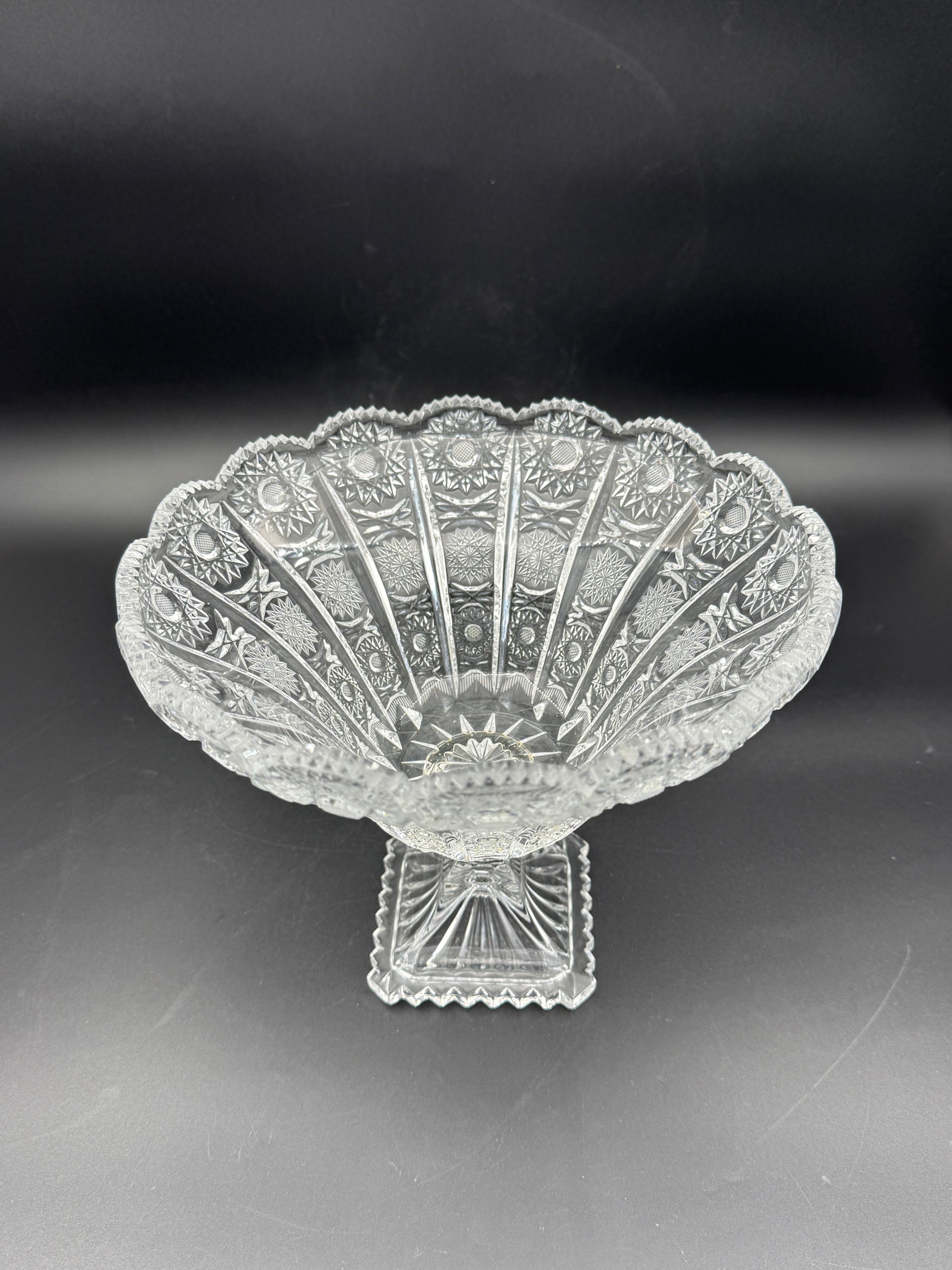 Czech Cut Glass Pedestal Bowl – Scalloped & Starburst Design