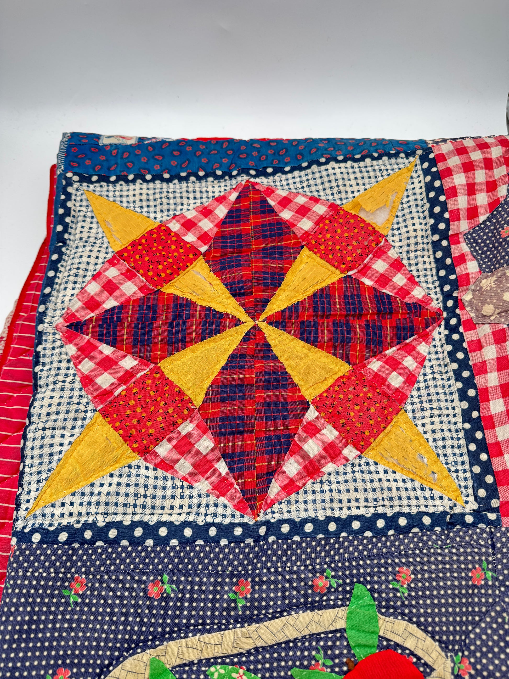 Vintage Patchwork Quilt with Red Ticking Stripe Backing Decor