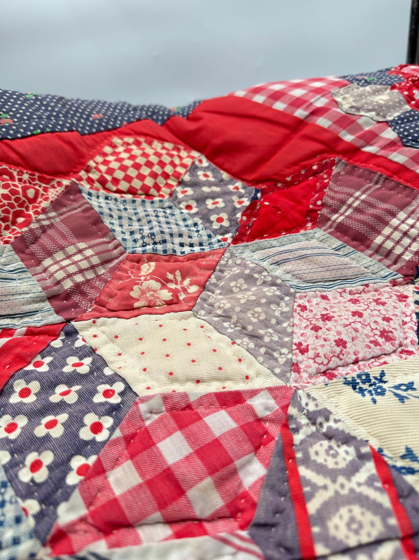 Vintage Patchwork Quilt with Red Ticking Stripe Backing Decor