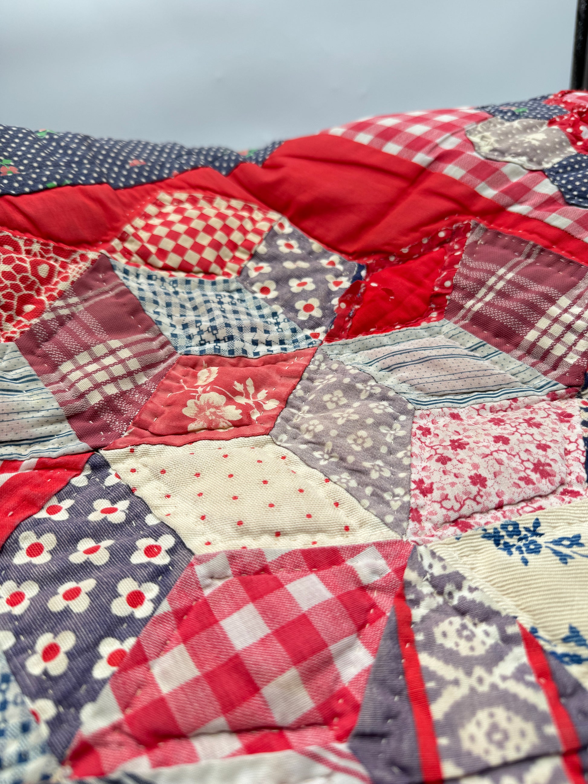 Vintage Patchwork Quilt with Red Ticking Stripe Backing Decor