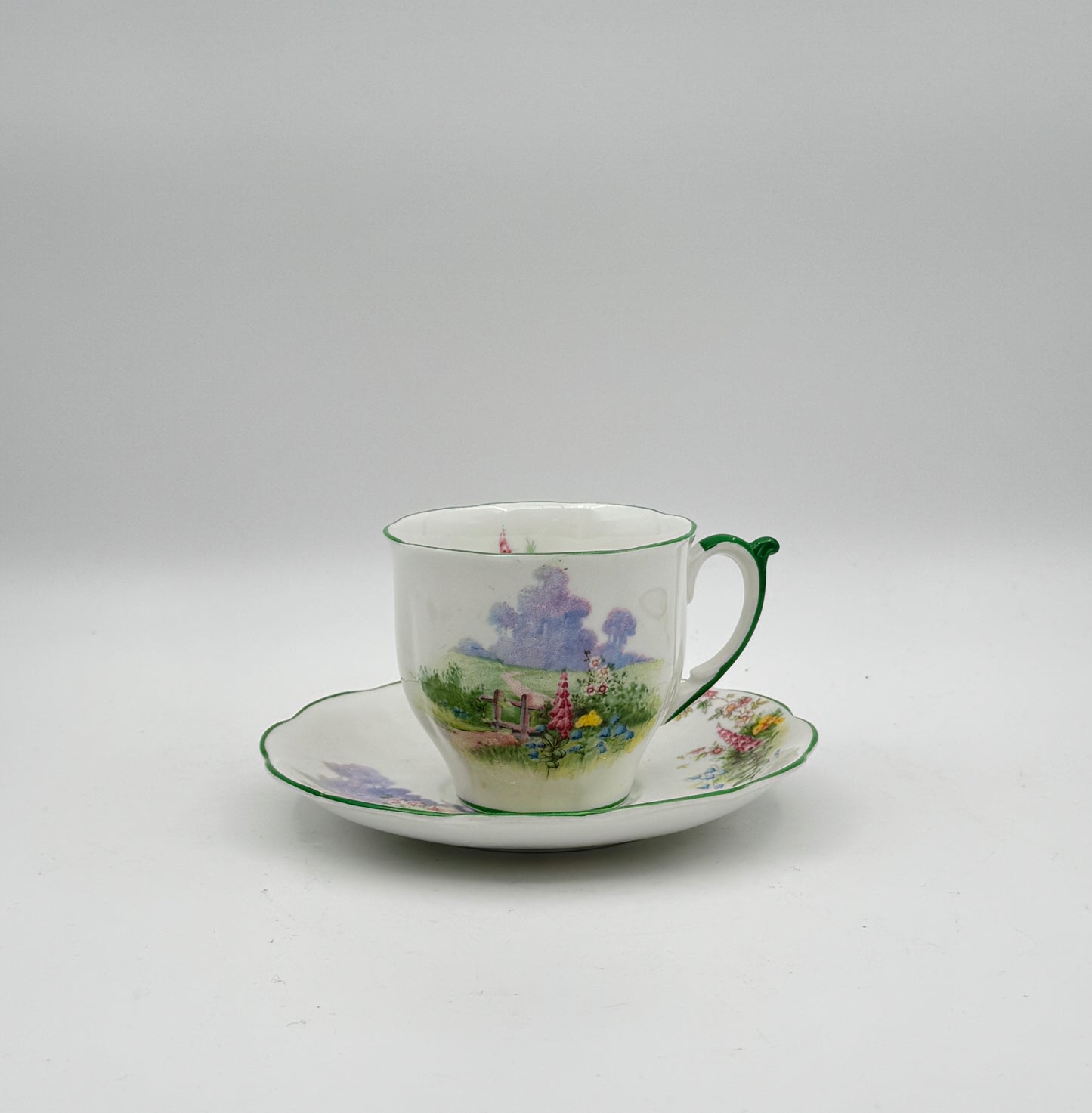 Vintage Bell China Meadowside Tea Cup and Saucer Set – English Bone China Floral Landscape Design