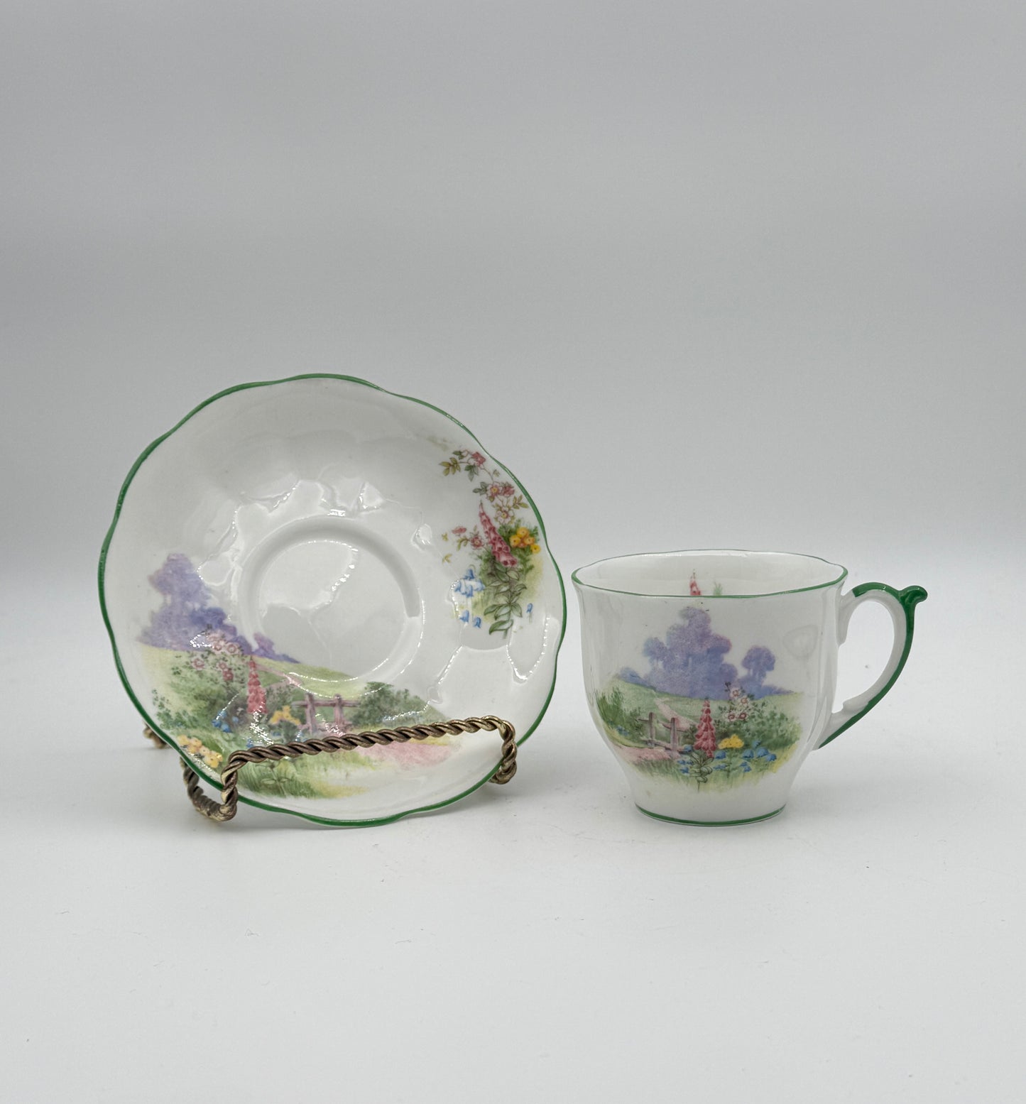 Vintage Bell China Meadowside Tea Cup and Saucer Set – English Bone China Floral Landscape Design