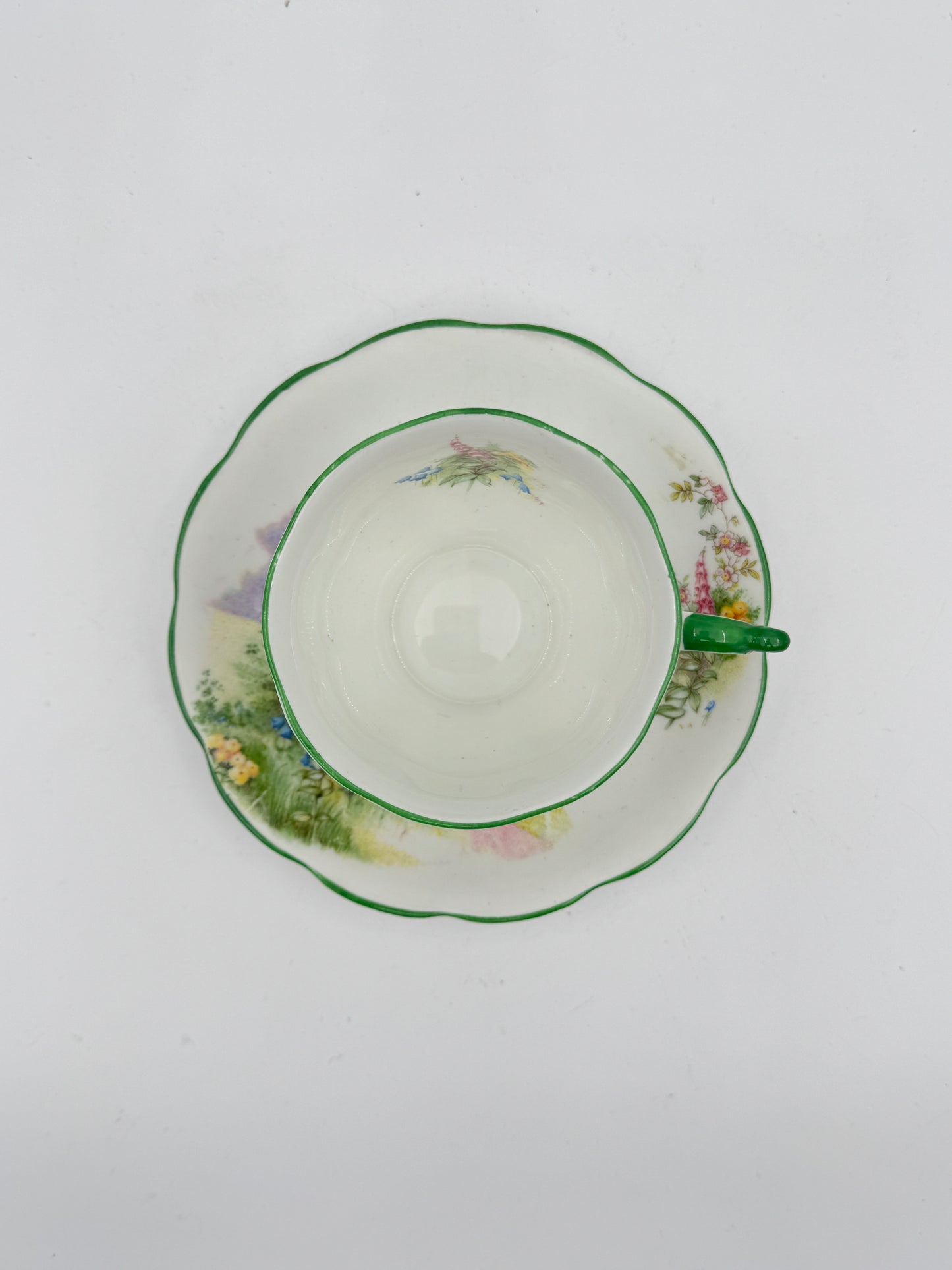 Vintage Bell China Meadowside Tea Cup and Saucer Set – English Bone China Floral Landscape Design