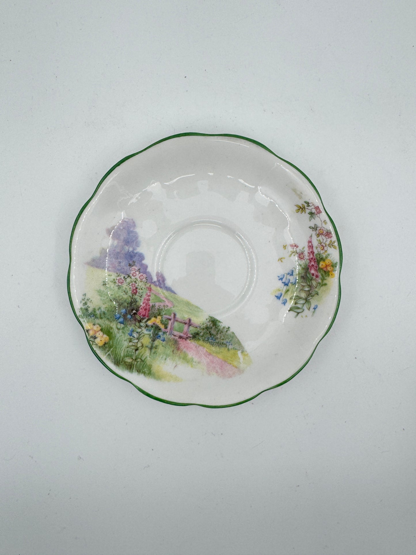 Vintage Bell China Meadowside Tea Cup and Saucer Set – English Bone China Floral Landscape Design