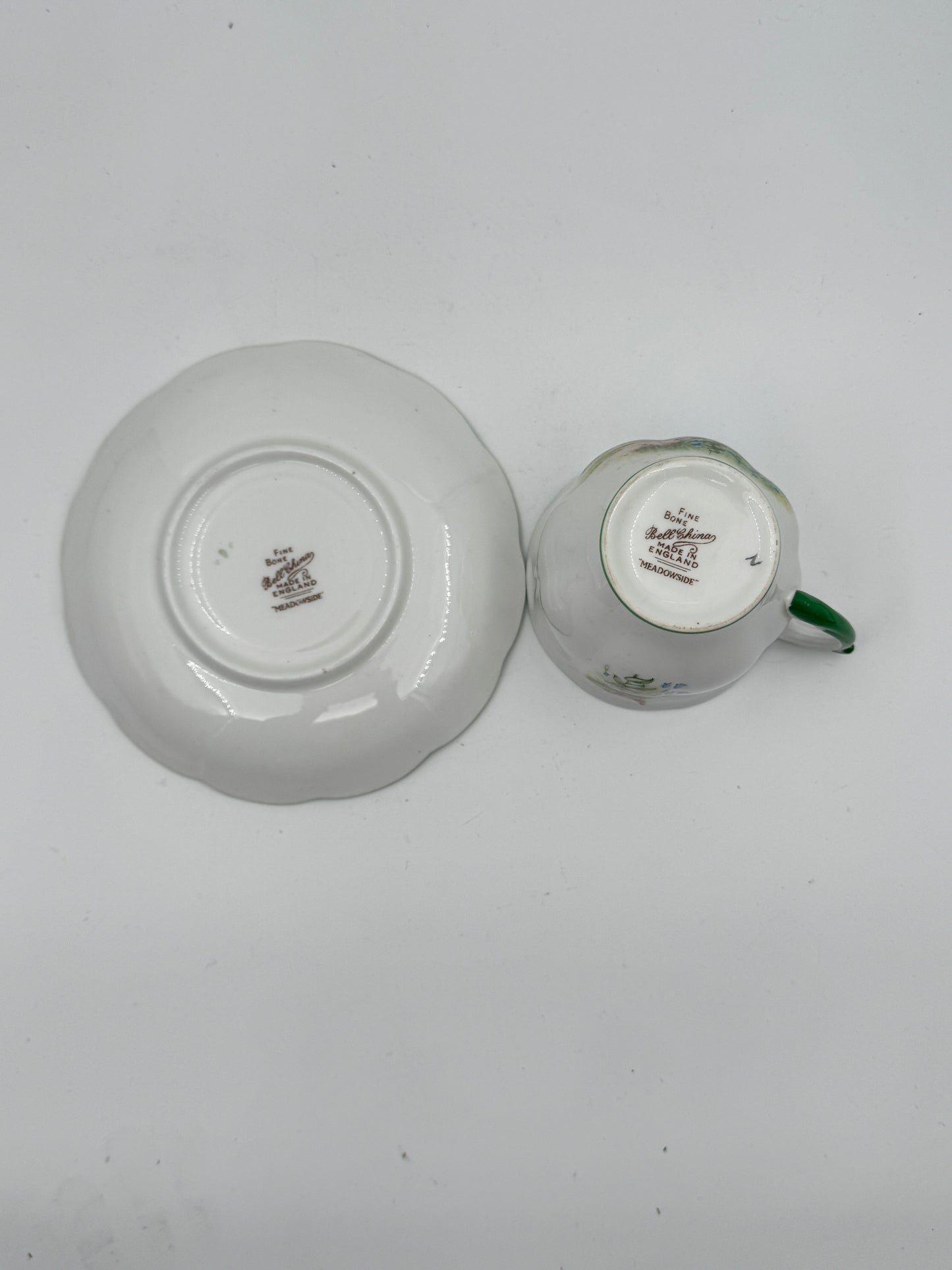 Vintage Bell China Meadowside Tea Cup and Saucer Set – English Bone China Floral Landscape Design