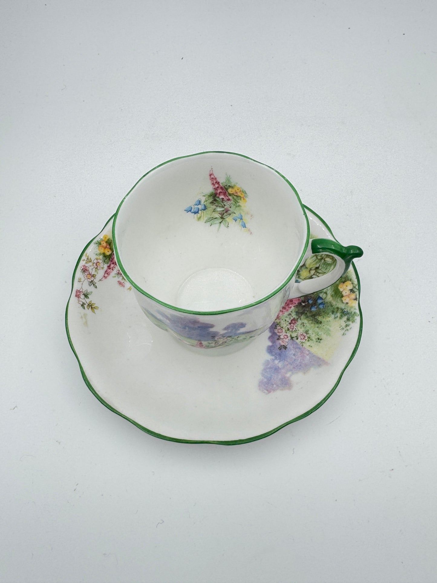 Vintage Bell China Meadowside Tea Cup and Saucer Set – English Bone China Floral Landscape Design