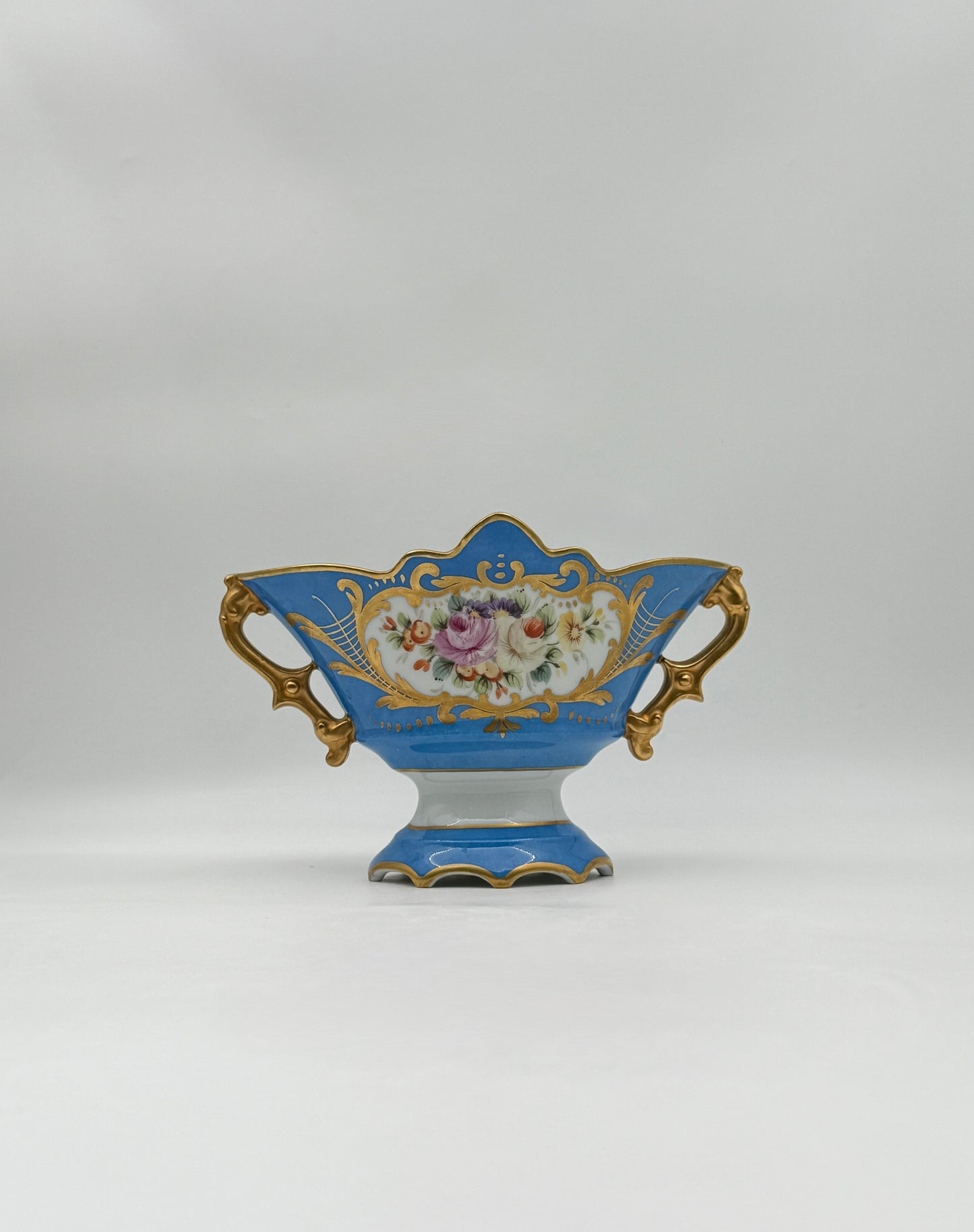 Vincennes-Style French Porcelain Compote – Blue & Gold, Floral Panels