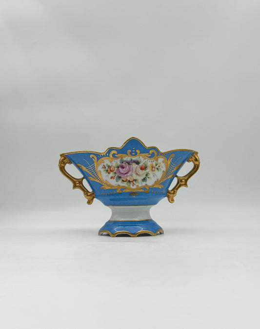 Vincennes-Style French Porcelain Compote – Blue & Gold, Floral Panels