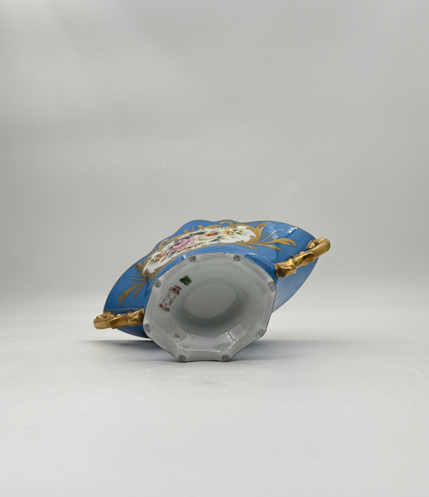 Vincennes-Style French Porcelain Compote – Blue & Gold, Floral Panels
