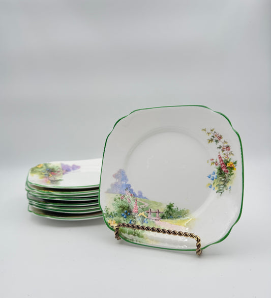 Set of 8 Vintage 1950s Bell China (Shore & Coggins England) "Meadowside" Hand-Decorated Fine Bone China Side Plates