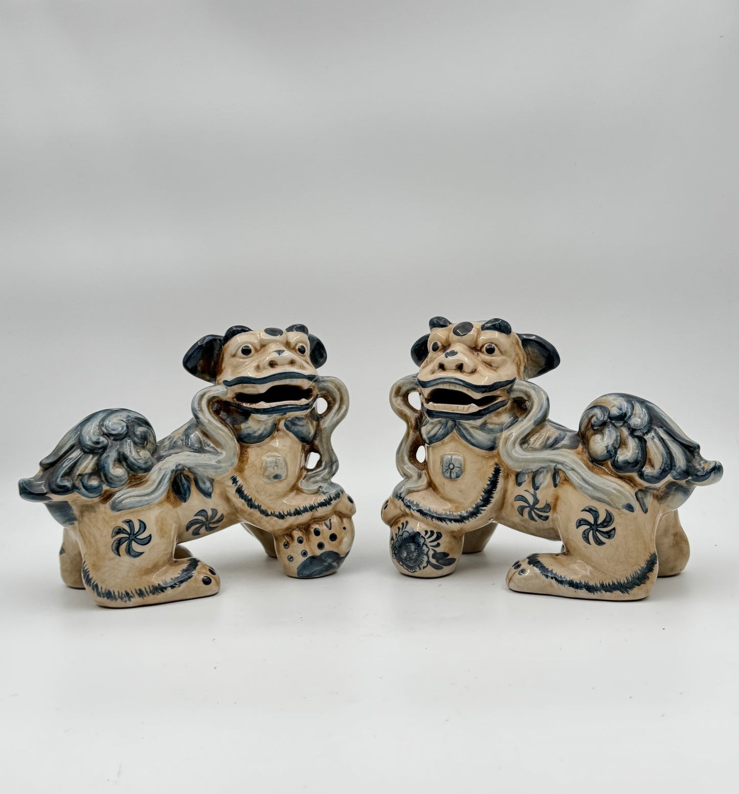 Set of 2 Blue and Cream Glazed Porcelain Lucky Foo Dog Statues - Traditional Guardian Lion Figurines